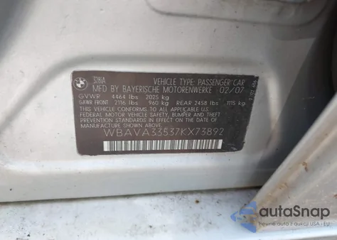 2007 BMW 328I z USA, uszkodzony, nr VIN WBAVA33537KX73892